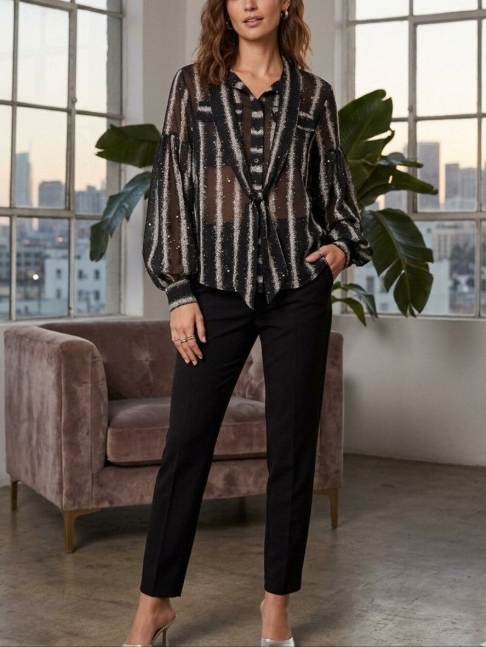 Gracia button down shirt black & beige striped balloon sleeves SHEER Sz L
